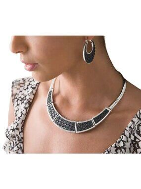 Chico's Woven Black & Silver Leather Metal Statement Necklace Bold Chic $65